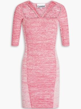 Ganni Pink Ribbed Knit Cutout Mini Dress XXL NWT Bodycon Stretch